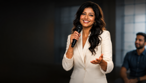 AI keynote speaker holding a microphone on stage at a conference