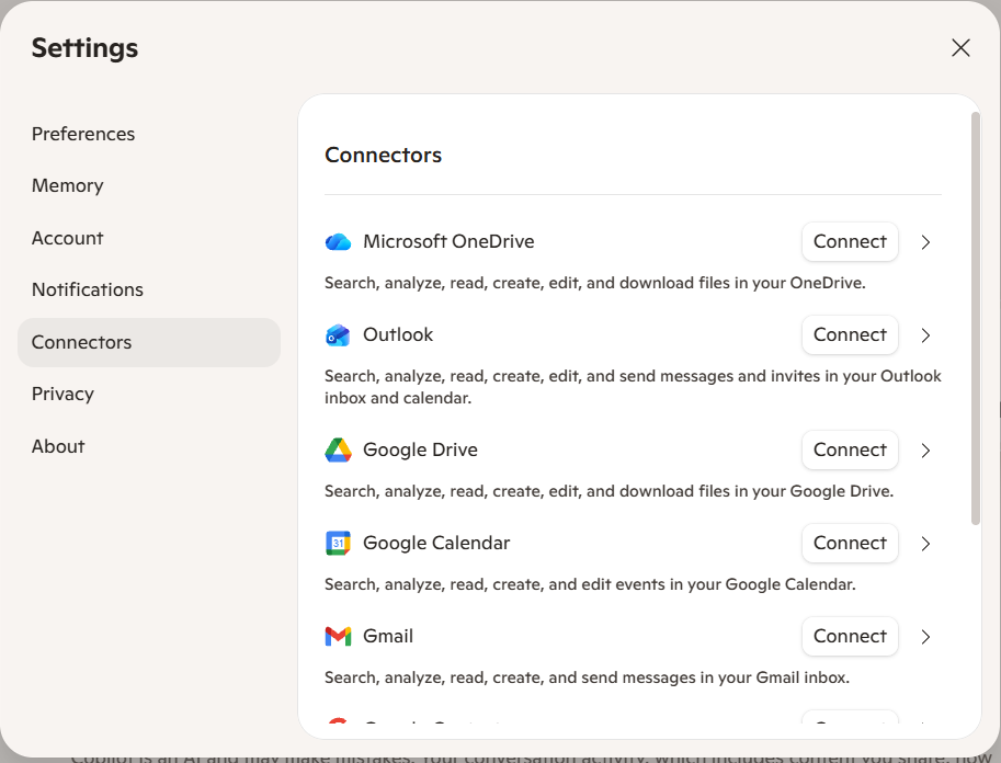 The Connectors page of the Microsoft Copilot app Settings window listing Microsoft OneDrive, Outlook, Google Drive, Google Calendar and Gmail, each with its own Connect button and a one-line description of what Copilot can do with it.