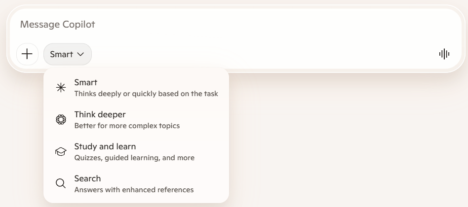 The prompt box in the Microsoft Copilot app with the mode menu open beneath the Smart button, listing Smart (thinks deeply or quickly based on the task), Think deeper (better for more complex topics), Study and learn (quizzes, guided learning and more) and Search (answers with enhanced references).
