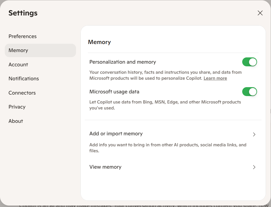 The Memory page of the Microsoft Copilot app Settings window, showing on/off switches for Personalization and memory and for Microsoft usage data, plus Add or import memory and View memory links.