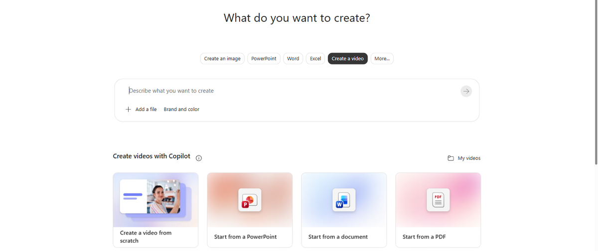 The Microsoft Copilot Create hub with the Create a video tab selected, showing the prompt box and four starting options: Create a video from scratch, Start from a PowerPoint, Start from a document, and Start from a PDF.