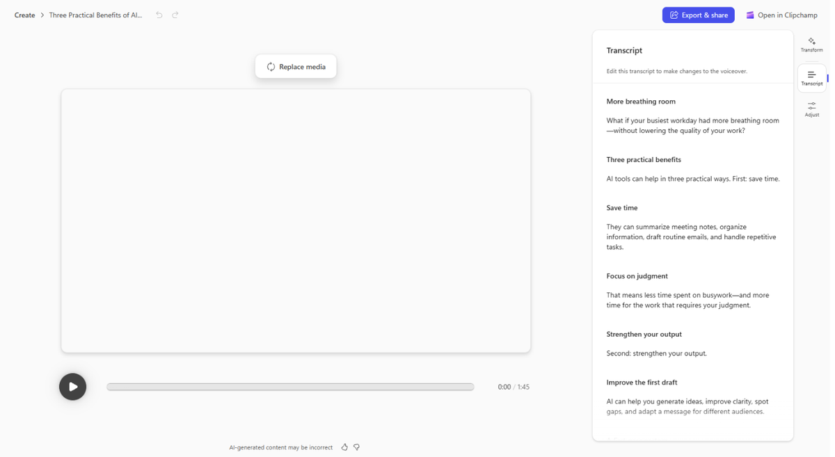 The finished Copilot video draft open in the Create editor, showing the video preview, the AI-generated transcript listing five script beats along the right side, and the Export and share and Open in Clipchamp buttons in the top toolbar.