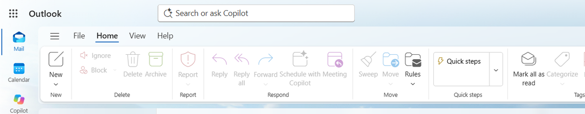 The top of Outlook on the web showing where Copilot appears: the Search or ask Copilot box in the title bar, a Schedule with Copilot button in the Home ribbon, and a Copilot app icon in the left-hand rail.