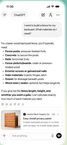 A ChatGPT reply about a backyard fence, with a native HarborWest Supply Co. ad shown just below it.