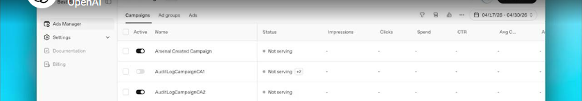 The Ads Manager Beta campaigns dashboard, listing ad campaigns with serving status, impressions, clicks, and spend.