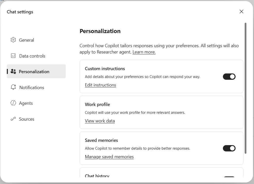 The Personalization page in Microsoft 365 Copilot Chat settings, listing Custom instructions with an Edit instructions link and a toggle, Work profile with a View work data link, Saved memories with a Manage saved memories link and a toggle, and the top of a Chat history control.