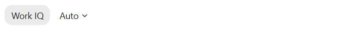 The top left of Microsoft 365 Copilot Chat in the browser with the Work IQ button switched on, shown as a shaded button next to the Auto model selector. With it on, Copilot can draw on your work data such as mail, files and meetings.