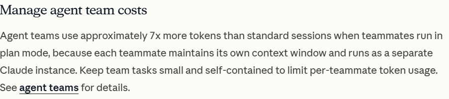 The Manage agent team costs passage on the Claude Code costs documentation page, saying agent teams use approximately 7x more tokens than standard sessions when teammates run in plan mode.