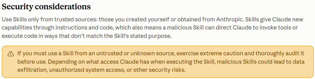 The Security considerations section of the Agent Skills documentation, advising readers to use skills only from trusted sources and to audit any skill from an unknown source before use.