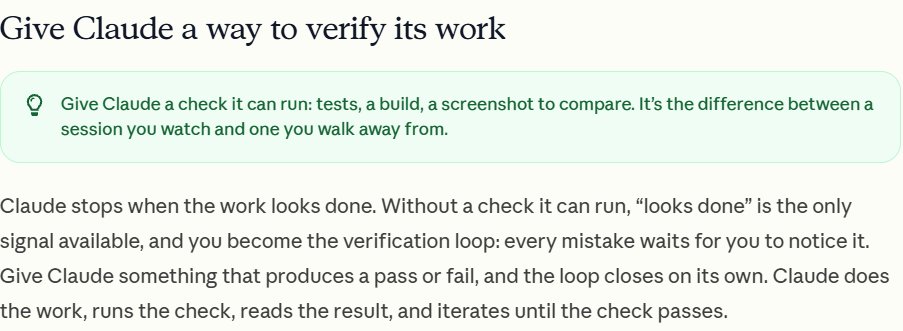 The Give Claude a way to verify its work section of the Claude Code best practices page, with a tip box about giving Claude a check it can run.