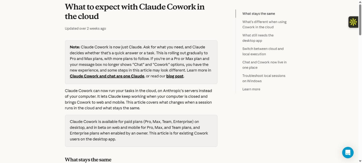 Top of Anthropic's Help Center article 'What to expect with Claude Cowork in the cloud', whose opening lines say Cowork can now run tasks on Anthropic's servers so Claude keeps working when your computer is closed.