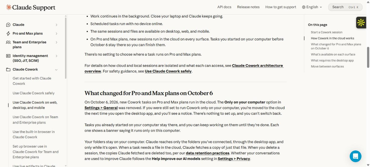 Anthropic's Claude Help Center article on using Claude Cowork on web, desktop and mobile, open at the section 'What changed for Pro and Max plans on October 6', which says new Cowork tasks run in the cloud and the Only on your computer setting was removed.