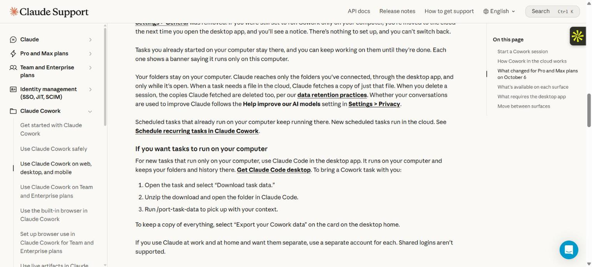 Anthropic's Help Center section 'If you want tasks to run on your computer', pointing to Claude Code in the desktop app and listing three steps: Download task data, open the folder in Claude Code, and run /port-task-data.