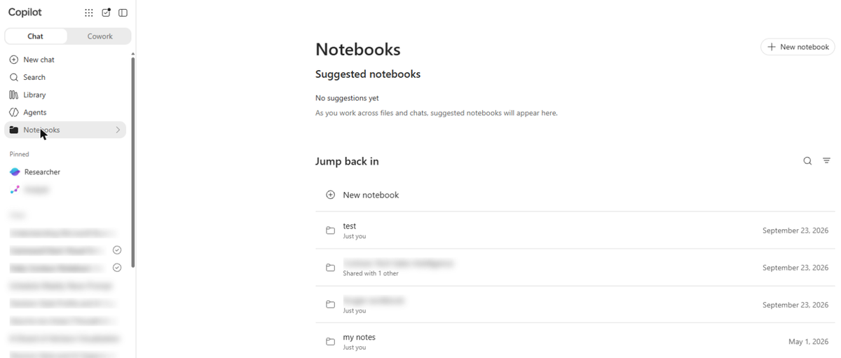 The Notebooks page in Microsoft Copilot, with Notebooks selected in the left navigation, a New notebook button at the top right and a Jump back in list of existing notebooks below it.