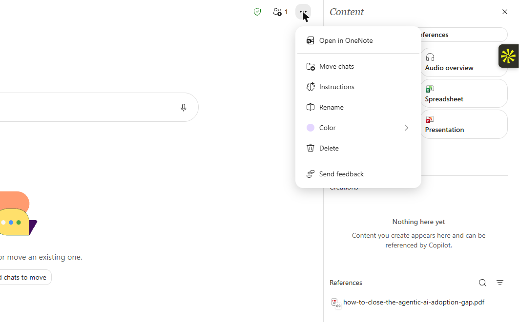An open Copilot notebook with the Content area on the right showing one reference file, and the notebook's more-options menu open to show Open in OneNote, Move chats, Instructions, Rename, Color and Delete.